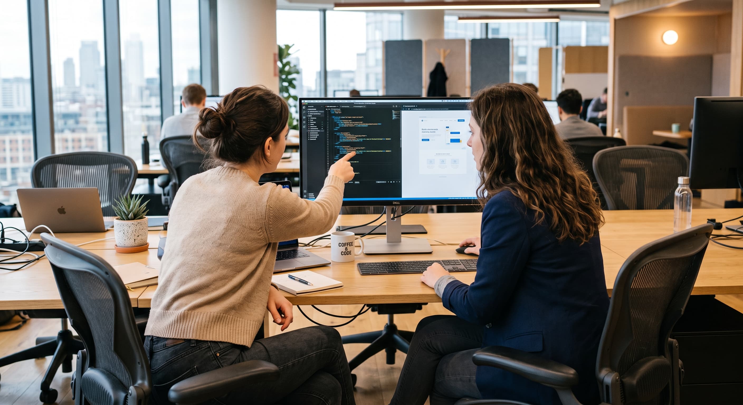 Zwei Frauen arbeiten gemeinsam an einem Bildschirm im Büro